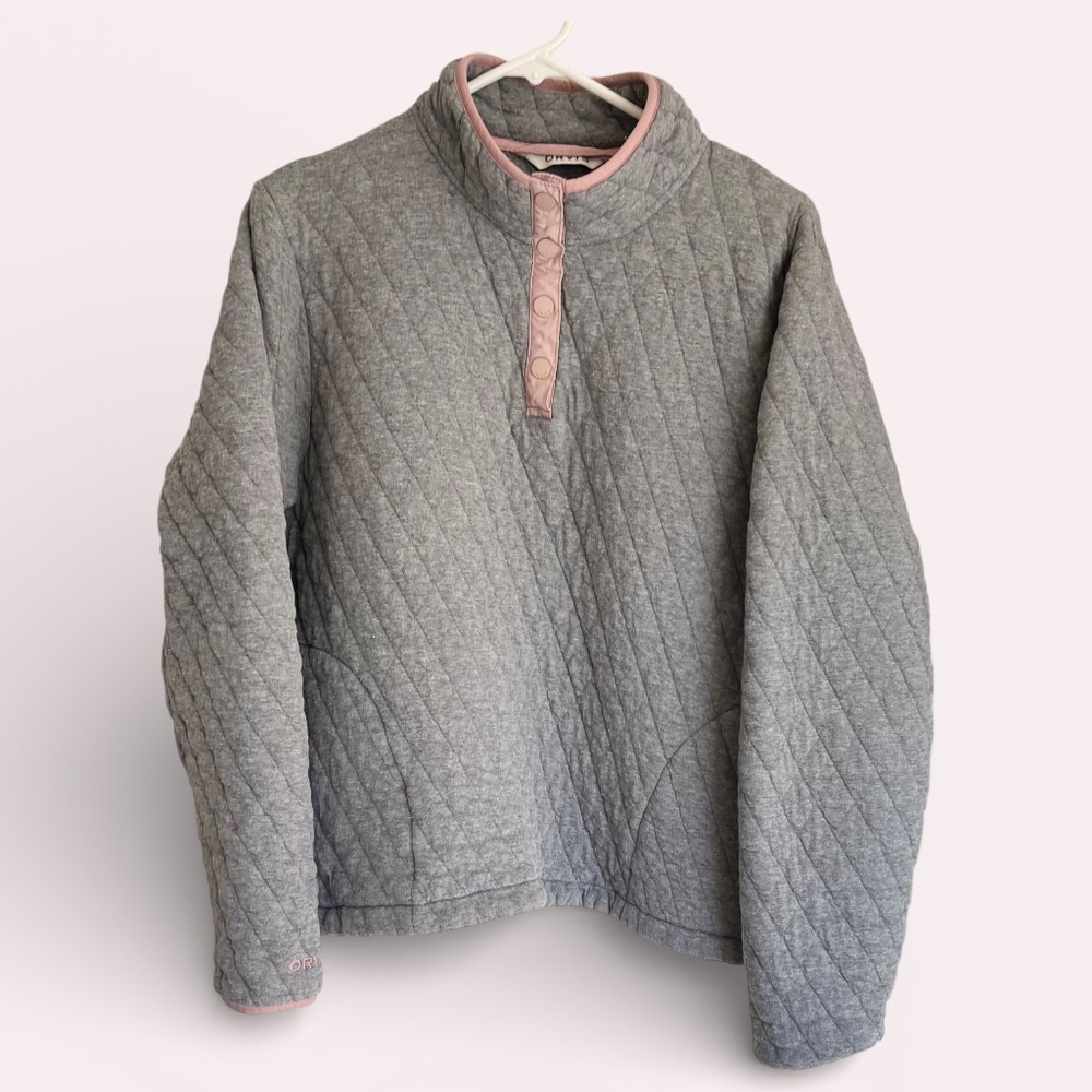 Orvis Pink Gray Quilted Snap Neck Cotton Pullover Size XL